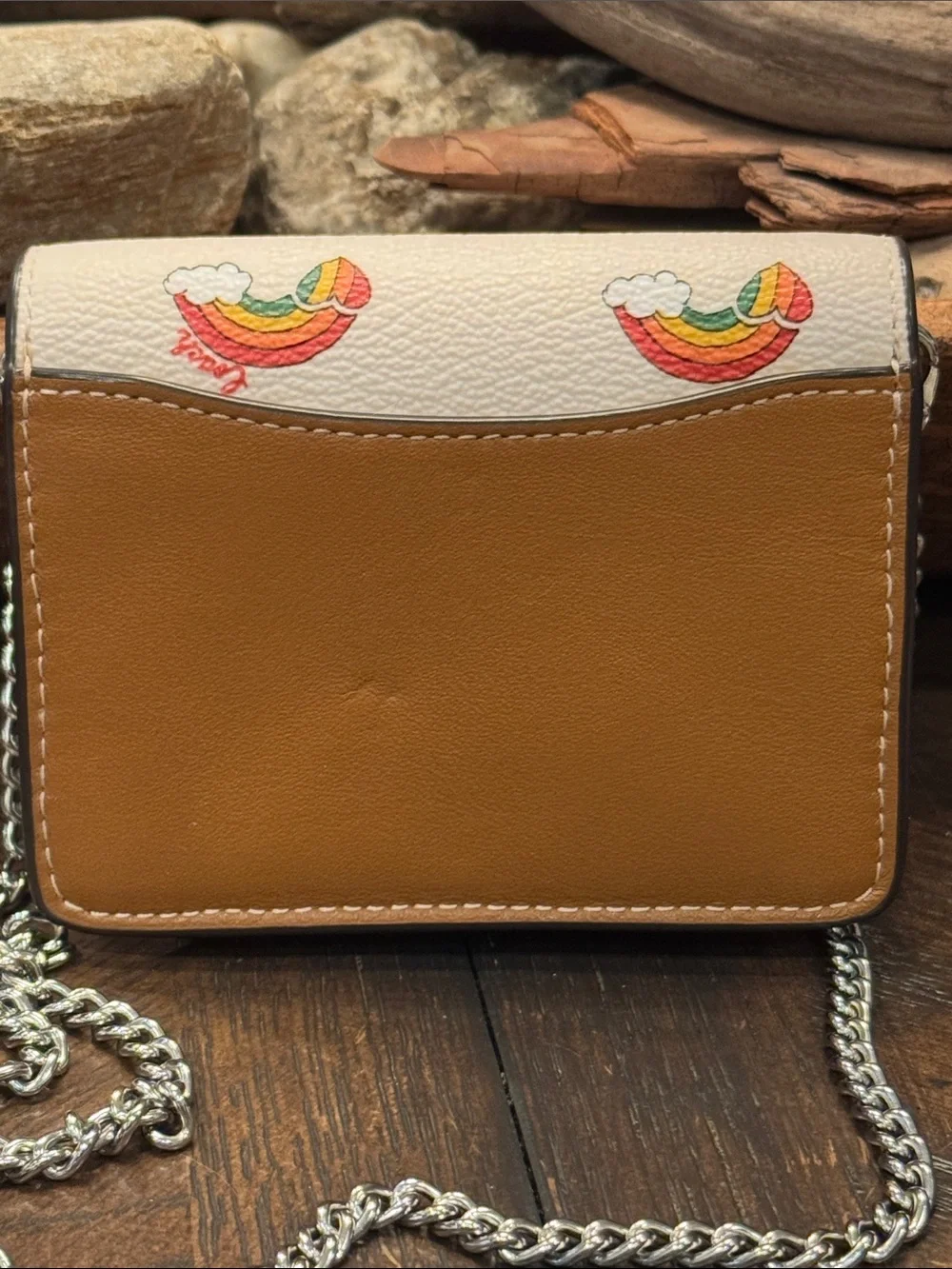 Coach Cream Mini Crossbody with Rainbow Print and Silver Chain